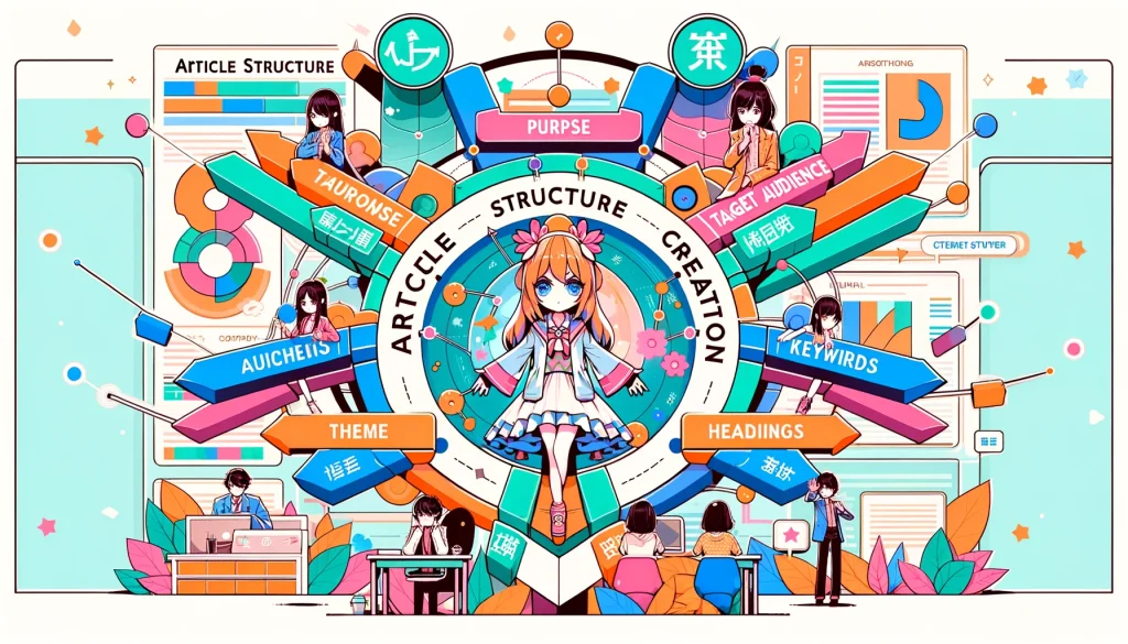 「記事構成の作成」の文字と、目的・ターゲット・テーマ・キーワード・タイトル・見出しの6つの要素が描かれた図